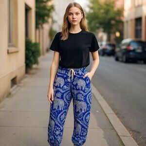 Women's Blue & White Geeta Harem Hippie Aladdin Elephant Yoga Pants Sz S/M NWOT